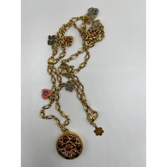 Vtg JOAN RIVERS Victorian Language of Flowers Locket Charm Necklace Gold Enamel - Picture 2 of 7